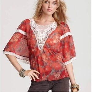 Free People Day Dreamer Red Orange Batwing Sleeve Lace Blouse Size Large